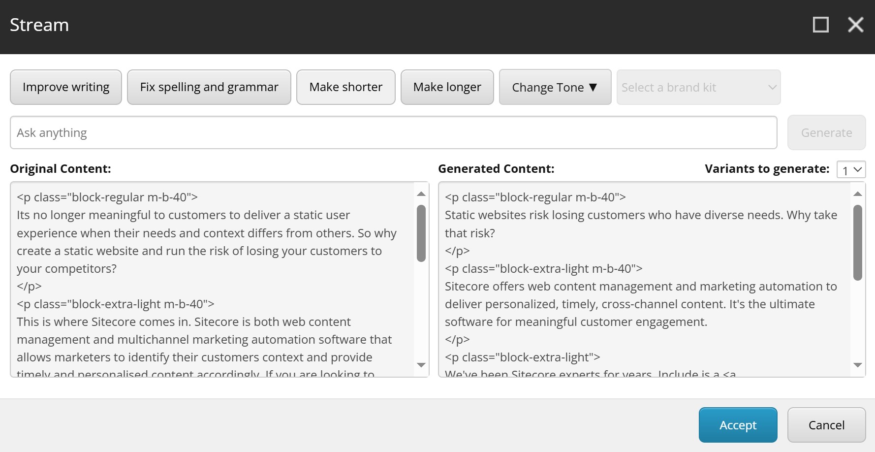 Sitecore Stream Content Editing